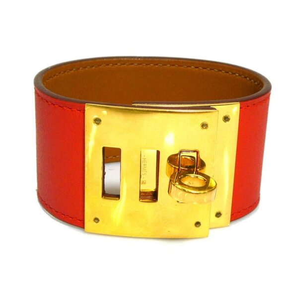 HERMES Kelly Dog Bracelet Orange Red/Gold Leather/Metal - - Picture 1 of 11